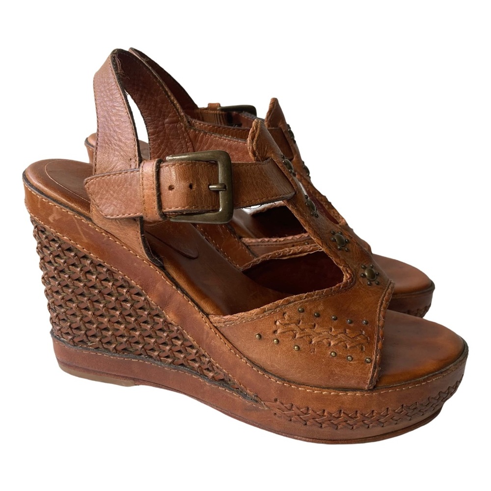 Frye Brown Leather Wedge Sandals